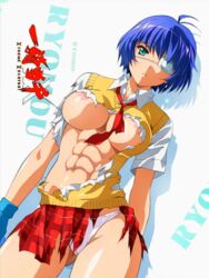 abs big_breasts blue_hair breasts bursting_breasts eye_patch ikkitousen large_breasts muscle muscular photoshop ripped_shirt ryomou_shimei torn_clothes