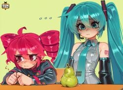 ... 2girls ahoge aqua_eyes aqua_necktie arm_tattoo artist_name bare_shoulders black_sleeves blush clenched_hands closed_mouth detached_sleeves drill_hair food fruit green_background green_outline hair_between_eyes hatsune_miku highres kasane_teto kasane_teto_(voicepeak) long_hair long_sleeves looking_to_the_side multiple_girls necktie outline pear pearto pillow_shading red_eyes sitting sleeveless suggestive suggestive_fluid sunflower_art sunflowerart sweat table tattoo twin_drills twintails upper_body utau vocaloid voicepeak wing_collar