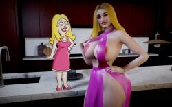 3d 3d_(artwork) 3d_model american_dad areola_slip areolae areolae_visible_through_clothing big_areola big_breasts blonde_female blonde_hair francine_smith garycamehome housewife kitchen light-skinned_female light_skin nipple_slip pink_dress red_lipstick reference reference_image skimpy skimpy_clothes skimpy_dress thick_thighs voluptuous voluptuous_female wide_hips wife