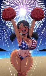 4th_of_july ai_generated asian_female ass beach beach_background big_ass big_breasts big_smile bikini blush bouncing_breasts brown_eyes bubble_butt cheering cleavage cleavage_overflow cute dark-skinned_female fireworks flag_bikini flag_print hayase_nagatoro hi_res hips huge_ass huge_breasts motion_lines pigtails please_don't_bully_me,_nagatoro plump_ass pom_pom_(cheerleading) pom_poms shaking_hips shiny_skin shortstack smiling tanned tanned_skin thick_thighs twerking wide_hips wink