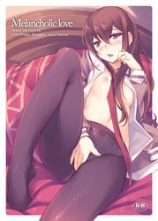 1girls black_panties blue_eyes blush breasts brown_hair clothed_masturbation clothing female flat_chest inado_serere inato_serere jacket long_hair makise_kurisu masturbation necktie nipples open_clothes open_shirt panties panties_under_pantyhose pantyhose pillow shirt solo steins;gate tongue underwear