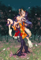 2girls animal_ear bad_feet breasts consensual_tentacles feet fox_ear fox_tail hair_up japanese_clothes joixxx kimono kongiku large_breasts leaf leaf_on_head monster_girl multiple_girls muramasa_the_demon_blade sex silver_hair tabi tail tentacle