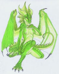 anthro dorsal_fin dragon female green green_eyes nipples nude solo whitefenrril wings