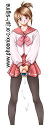 1futa bar_censor blue_eyes blush brown_hair cum dusty_heaven ejaculation erection foreskin futa_only futanari human intact long_foreskin masturbation open_mouth pantyhose penis school_uniform simple_background skirt_lift solo solo_futa uncut unretracted_foreskin veiny_penis watermark