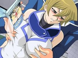 4:3 alexis_rhodes blackmail blonde_hair blush breast_fondling cellphone chikan embarrassed female glamour_works hikawadou human male nipples obelisk_blue_uniform pussy shame spread_pussy spreading_pussy straight stretched_pussy stretching_pussy yu-gi-oh! yu-gi-oh!_gx