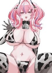 1girl absurdres alternate_costume animal_ear_hairband animal_ears animal_print azur_lane bare_shoulders bell bikini black_collar blush breasts bremerton_(azur_lane) cleavage collar collarbone commentary cow_ear_hairband cow_ears cow_print cow_print_bikini cow_print_gloves cow_print_thighhighs cowbell fake_animal_ears gloves grey_streaks groin hair_between_eyes hair_intakes hair_ornament hairband highres lactation lactation_through_clothes large_breasts long_hair looking_at_viewer mole mole_on_breast mole_under_eye multicolored_hair navel neck_bell open_mouth pink_eyes pink_hair print_bikini print_gloves print_thighhighs sidelocks simple_background smile solo squatting stomach streaked_hair swimsuit thighhighs tongue tongue_out triangle_bikini_top twintails two-tone_hair white_background