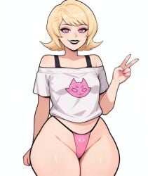 1girls ai_assisted ai_generated ai_video bare_hips bare_thighs black_lips black_lipstick blonde_hair bra_strap curvy dancing exposed_shoulders eyeliner female female_only gardener_ai highleg highleg_panties hip_sway homestuck hourglass_figure illustrious_(stable_diffusion) lipstick makeup medium_breasts ms_paint_adventures no_pants off_shoulder panties peace_sign pink_eyes pink_panties print_panties print_shirt roxy_lalonde shirt short_hair simple_background skimpy skimpy_underwear smile solo stable_diffusion straps string_panties swaying swaying_hips t-shirt tagme thick_thighs thong v_sign video voluptuous white_background wide_hips