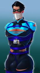 1boy arms_behind_back arms_bound arms_bound_behind_back balls_bulge bara bara_tits batman_(series) black_hair bondage bound bound_arms bound_legs bulge bulge_through_clothing dc dc_comics defeated defeated_hero dick_grayson domino_mask harley_quinn_(series) heart male male_nipples male_only mask masked masked_male motion_lines nightwing nightwing_(series) nipple_bulge nipple_slip nipples pinup pumpkinpinup rope rope_bondage rope_harness ropes simple_background solo solo_male sweat sweatdrop sweaty tape tape_gag taped_mouth thick_thighs thighs torn torn_clothes wardrobe_malfunction wide_hips