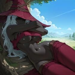 against_tree ai_generated bare_shoulders black_skin blue_sky breasts cleft_of_venus closed_mouth cloud colored_skin covered_eyes crop_top crop_top_overhang cropped_shirt crossed_arms day elden_ring elden_ring_nightreign grey_skin hat large_breasts long_hair lying midriff mountain mountainous_horizon navel no_panties on_side outdoors pants pussy pussy_peek recluse_(nightreign) red_headwear red_shirt red_skirt shade shiny_skin shirt skirt skirt_pull sky sleeveless sleeveless_shirt solo stomach torn_clothes torn_shirt tree twoderrick uncensored underboob white_hair witch_hat