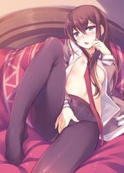 black_pantyhose blue_eyes blush breasts brown_hair clothed_masturbation clothing feet female female_only flat_chest inado_serere inato_serere long_hair lying makise_kurisu masturbation navel necktie nipples open_clothes open_mouth open_shirt panties panties_under_pantyhose pantyhose partially_clothed shirt small_breasts solo steins;gate underwear undressing