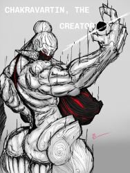 alhuzphy_02 asura's_wrath big_ass big_breasts big_thighs black chakravartin detailed_skin dynamic_pose enemy metallic_body monster muscular_female no_background no_clothes no_humans no_sex red_eyes rule_63 solo_female white_body