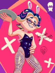 blushed_face bunny_costume bunny_ears bunny_suit bunnysuit femboy fishnet fishnets gay lionel_(splatband) lionel_(splatoon) looking_down looking_down_at_another nervous_smile sensual sole_male splatband splatbands splatoon splatoon_(series) teasing