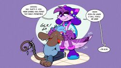 16:9 anthro blush bodily_fluids bottomwear brown_body brown_fur canid canine canis clothing collar coyote dominant dominant_anthro dominant_male ear_piercing ear_ring fellatio footwear fur hi_res jacket jewelry male mammal mouse mouse_tail murid murine nonbinary_(lore) oral pants penile piercing purple_body purple_fur questionable_consent red_collar respecies ring_piercing rodent sex shirt shoes submissive submissive_anthro submissive_male sweat sweatdrop tail tail_wraps topwear trevor-fox_(character) widescreen wraps