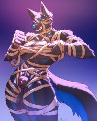 abs animal_genitalia animal_penis anthro artist_name balls big_balls big_breasts blue_eyes blue_markings blue_nose bluetashi breasts canid canine canine_genitalia canine_penis canis clothing costume digital_media_(artwork) eyebrows fighting_pose fist fluffy fluffy_tail fur genitals gradient_background grey_body grey_fur gynomorph halloween halloween_costume hi_res holidays intersex looking_at_viewer mammal markings mummy_costume mummy_wrappings muscular muscular_gynomorph muscular_intersex muscular_thighs null_(nullthewolf) penis penis_tip pointy_ears portrait pose prick_ears raised_fist raised_hand saggy_balls sheath simple_background snarling solo tail teeth text thick_thighs three-quarter_portrait wolf