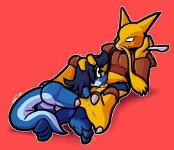 2026 2_horns 3_toes alakazam anthro anthro_on_anthro anthro_penetrated anthro_penetrating anthro_penetrating_anthro ass backsack balls big_butt black_eyes blue_balls blue_body blue_hair blue_scales bodily_fluids brown_body brown_fur claws cutlery deep_throat duo eyewear eyewear_only feet fellatio fur generation_1_pokemon genitals glasses glasses_only grey_eyewear grey_glasses hair holding_spoon horn kitchen_utensils lizard looking_at_another looking_down looking_up lying male male/male male_penetrated male_penetrating male_penetrating_male nintendo nude on_front oral oral_penetration penetration penile pokemon pokemon_(species) purple_eyes reptile saliva scales scalie sex sitting smile smirk spoon talons toe_claws toes tools ulti_(ultilix) ultilix wearing_glasses white_claws yellow_body yellow_fur yellow_sclera