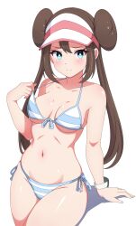 1girls absurdres bikini blue_bikini blue_eyes breasts brown_hair donut_hair_bun double_bun female female_only front-tie_bikini_top front-tie_top game_freak hair_between_eyes hair_bun hat highres long_hair medium_breasts mnkr98 navel nintendo pokemon pokemon_bw2 rosa_(pokemon) side-tie_bikini_bottom simple_background sitting striped_bikini striped_clothes swimsuit teenage_girl visor_cap watch white_background white_hat wristwatch