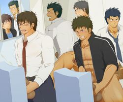 6+boys 7boys abs ass bathroom bottomless gay glasses group_sex kai_(artist) kay_shiden male male_only masturbation muscle necktie penis public request suit testicles tie unzipped white_shirt wink yaoi