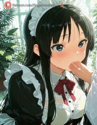 1boy ai_generated apron bamboo bangs black_hair blue_eyes blush breasts dress eyebrows_visible_through_hair fellatio female fingerhotpepper frills indoors k-on! leaf long_hair long_sleeves maid maid_headdress mio_akiyama_(k-on!) oral penis plant potted_plant solo_focus straight sunlight tree underwear wet wet_clothes window