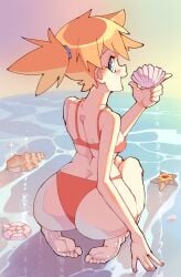 ass back barefoot beach bikini blue_eyes blush breasts clothing feet female from_behind full_body hair_tie holding huge_ass kasumi_(pokemon) large_ass looking_at_viewer looking_back ocean open_mouth orange_hair outdoors pokemon ponytail red_bikini rtil sand seashell seiza shell short_hair side_ponytail sitting smile soles solo starfish swimsuit toes water