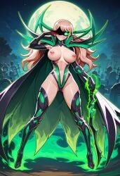 ai_generated big_breasts breasts breasts_out cape cosplay danganronpa danganronpa:_trigger_happy_havoc danganronpa_2:_goodbye_despair evil_smile glowing_eyes graveyard green_aura green_eyes hair_down hela_(marvel_rivals) junko_enoshima long_hair marvel marvel_rivals moon nipple_piercing shadow_over_eyes skeleton sword