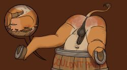 absurd_res anthro bailey_(knest) barrel bite biting_lip blush butt_slap debt debt_repaid dungeonhound fuckable_butt hand_print_on_butt hi_res knest male markings punishment red_markings slap solo spanking stuck