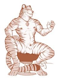 anthro balls feline flaccid furry male male_only monochrome muscles necklace no_humans nude partran partran_(character) partran_(tiger) penis simple sitting smile solo spottyjaguar tiger white_background