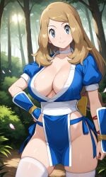 ai_generated cleavage cosplay crossover dead_or_alive female forest game_freak grey_eyes honey_blonde_hair kasumi_(doa) kasumi_(doa)_(cosplay) koei_tecmo large_breasts long_hair nature nintendo no_bra no_panties no_underwear pixai pokemon pokemon_xy revealing_clothes serena_(pokemon) serena_(pokemon_games) silf smile solo tagme tecmo thighhighs
