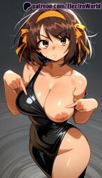 1girls 2026 ai_generated artist_name bangs bare_shoulders blush breasts brown_eyes brown_hair bust chest collarbone countdown electroworld exposed_nipples eyebrows_visible_through_hair female hairband hi_res high_quality high_resolution highres index_finger_raised nipples nipples_outside patreon patreon_username pointing shiny shiny_hair shiny_skin solo stable_diffusion suzumiya_haruhi suzumiya_haruhi_no_yuuutsu watermark