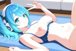 ai_generated bare_legs blue_eyes blue_hair bra breasts cum_on_body cumming lingerie love mega_man mega_man_x_dive nipples ponytail rico_(mega_man) sexy sexy_body sexy_pose short_hair