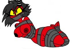 arms_behind_back big_breasts black_hair breasts damsel_in_distress demon demon_girl demonesss female gag gagged genitals hair hellaverse helluva_boss jackattack1324 millie_(helluva_boss) naked nude pussy red_body red_skin solo solo_female tape_bondage tape_gag tape_gagged taped_mouth tied_up vagina