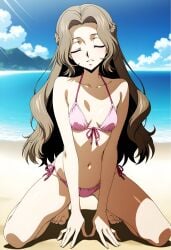 1girls ai_generated bikini brown_hair closed_eyes clothed clothed_female code_geass duderu_vanilla female female_only kneeling nunnally_lamperouge pink_bikini solo swimsuit