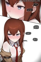 steins;gate makise_kurisu coiefen snowbunny netorase ai_generated ai_assisted ai ai-created ai_art dialogue text text_bubble jacket jacket_partially_removed jacket_off_shoulders red_necktie necktie labcoat t-shirt blush blushing sweat hair hair_between_eyes eyes eyes_open open_eyes mouth_closed closed_mouth white_background white_skin white_body light_skin light-skinned_female light_body 1girls 1girl caption story story_in_picture looking_away out_of_frame out_of_frame_male
