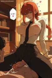 1boy 1girl after_sex ai_generated bangs black_neckwear black_pants blush braid braided_ponytail breasts chainsaw_man cowgirl_position cum cumdrip erection eyebrows_visible_through_hair girl_on_top heart hetero hi_res high_quality high_resolution large_breasts long_hair makima_(chainsaw_man) necktie nipples no_bra office_lady open_mouth open_shirt pants patreon penis ringed_eyes seductive sexy shirt shirt_tucked_in smile solo_focus straddling sweat uncensored watermark yellow_eyes