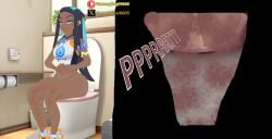 (theusagiboy1406) 1girls 3d 3d_model 3d_render bare_ass bathroom black_hair bottomless commission commission_art dark-skinned_female dark_skin fart fart_cloud fart_fetish farting farts female game_freak gym_leader long_hair mikumikudance mmd multicolored_hair nessa_(pokemon) nintendo patreon patreon_logo patreon_username pokemon pokemon_sm toilet toilet_use
