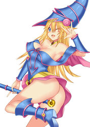 ass blush bottomless breasts cleavage daive dark_magician_girl duel_monster highres no_panties smile staff weapon wink yu-gi-oh! yuu-gi-ou_duel_monsters