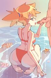 1boy after_fellatio ass back barefoot beach bikini blue_eyes blush breasts clothed_female_nude_male clothing cum cum_in_mouth erection feet fellatio female from_behind hair_tie half-closed_eyes handjob huge_ass kasumi_(pokemon) kneeling large_ass licking licking_penis looking_back male medium_penis nude ocean open_mouth oral orange_hair outdoors penis pokemon ponytail red_bikini rtil saliva sand seashell seiza shell short_hair side_ponytail sideboob sitting soles solo_focus squatting starfish straight swimsuit testicles thick_ass toes tongue tongue_out veins water wide_hips