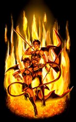 2boys bat_wings claude_faustus cosplay crossdressing crossover demon fire glasses horns kneesocks kneesocks_daemon_(cosplay) kuroshitsuji leather male multiple_boys muscle panty_&_stocking_with_garterbelt scanty_daemon_(cosplay) sebastian_michaelis short_shorts shorts tail what wings