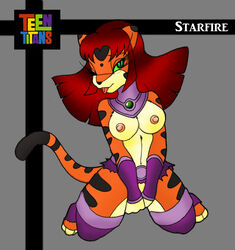 1girls anthro anthro_only breasts dc dc_comics felid feline female female_only furrification furry gloves green_eyes ivanks looking_at_viewer masturbation shy solo starfire teasing teen_titans transformation