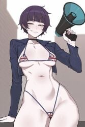 1girls 2026 2d ai_generated amelia_(pathways) arm_support bikini black_jacket choker contrapposto cropped_jacket english_commentary half-closed_eyes highres holding megaphone navel outdoors pathways_(game) purple_eyes purple_hair short_hair small_breasts smug solo_female thick_thighs union_jack_bikini usagisanworks