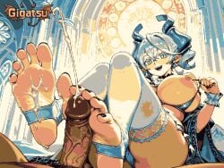 ai_assisted ai_generated animated animation aseprite_(artwork) barefoot big_breasts blue_eyes breasts breasts_out cum cum_on_feet erection feet foot_fetish foot_focus footjob gigatsu limited_palette looking_at_viewer nipples pixel_animation pixel_art pov seductive sole_female soles toes twitching yu-gi-oh!