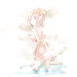 blonde_hair blush breasts frfr looking_back pointy_ears purple_eyes sideboob steam water wet