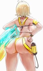 1girls ahoge ass back bare_shoulders blonde_hair breasts elegg_(boom_and_shock)_(nikke) elegg_(nikke) female female_only goddess_of_victory:_nikke hair_intakes highres innertube large_breasts see-through_slingshot_swimsuit short_hair slingshot_swimsuit solo swim_ring swimsuit thighs uenoryoma yellow_slingshot_swimsuit