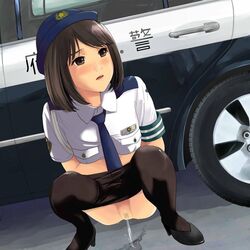 artist_request blush censored clothing gossa-tei legwear officer pantyhose peeing police police_car police_officer pubic_hair pussy shirt_lift source_request stockings street thighhighs