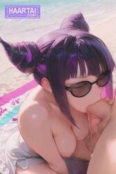 1girls ai_generated animated beach blush female haart_ai handjob juri_han medium_breasts oral oral_sex outdoors purple_eyes purple_hair shorts skinny slim_waist street_fighter sunglasses tagme tinted_eyewear video