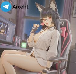 ai_generated buttons candy candy_cane_in_mouth collar eyewear gaming_chair glasses hoshimi_miyabi lollipop looking_at_viewer open_mouth panties pc shirt sitting tongue tongue_out unbuttoned_shirt zenless_zone_zero