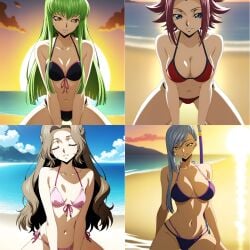 4girls ai_generated beach bikini black_bikini breasts brown_hair c.c. code_geass duderu_vanilla female female_only green_hair kallen_stadtfeld kouzuki_kallen looking_at_viewer multiple_girls nunnally_lamperouge pink_bikini purple_bikini red_bikini red_hair silver_hair swimsuit villetta_nu