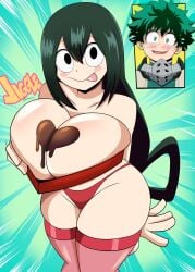 adult_swim big_breasts blush breasts chocolate chocolate_on_breasts commission curvy curvy_figure froppy green_hair grimphantom izuku_midoriya looking_at_viewer male my_hero_academia panties shounen_jump thighs tongue_out toonami topless tsuyu_asui