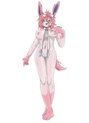 anthro artist_name bow eeveelution female generation_6_pokemon genitals hair hi_res nintendo nude pink_hair pokemon pokemon_(species) pussy simple_background solo spike_the_furry sylveon sylveona(spikethefurry) white_background