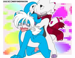 anal anthro bandai_namco blush digimon digimon_(species) digimon_ghost_game duo erection from_behind_position gammamon genitals hair hi_res horn male male/male mrpandragon penis scalie scarf sex short_stack tail tail_hug veemon white_hair