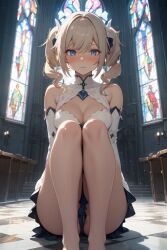 ai_generated barbara_(genshin_impact) blonde_hair blue_eyes blush church cleavage embarrassed eye_contact genshin_impact hair_accessory hands_in_lap hi_res legs legs_together looking_at_viewer mosaic_background nun pixai priestess solo_female solo_focus stable_diffusion twintails wekilled_god